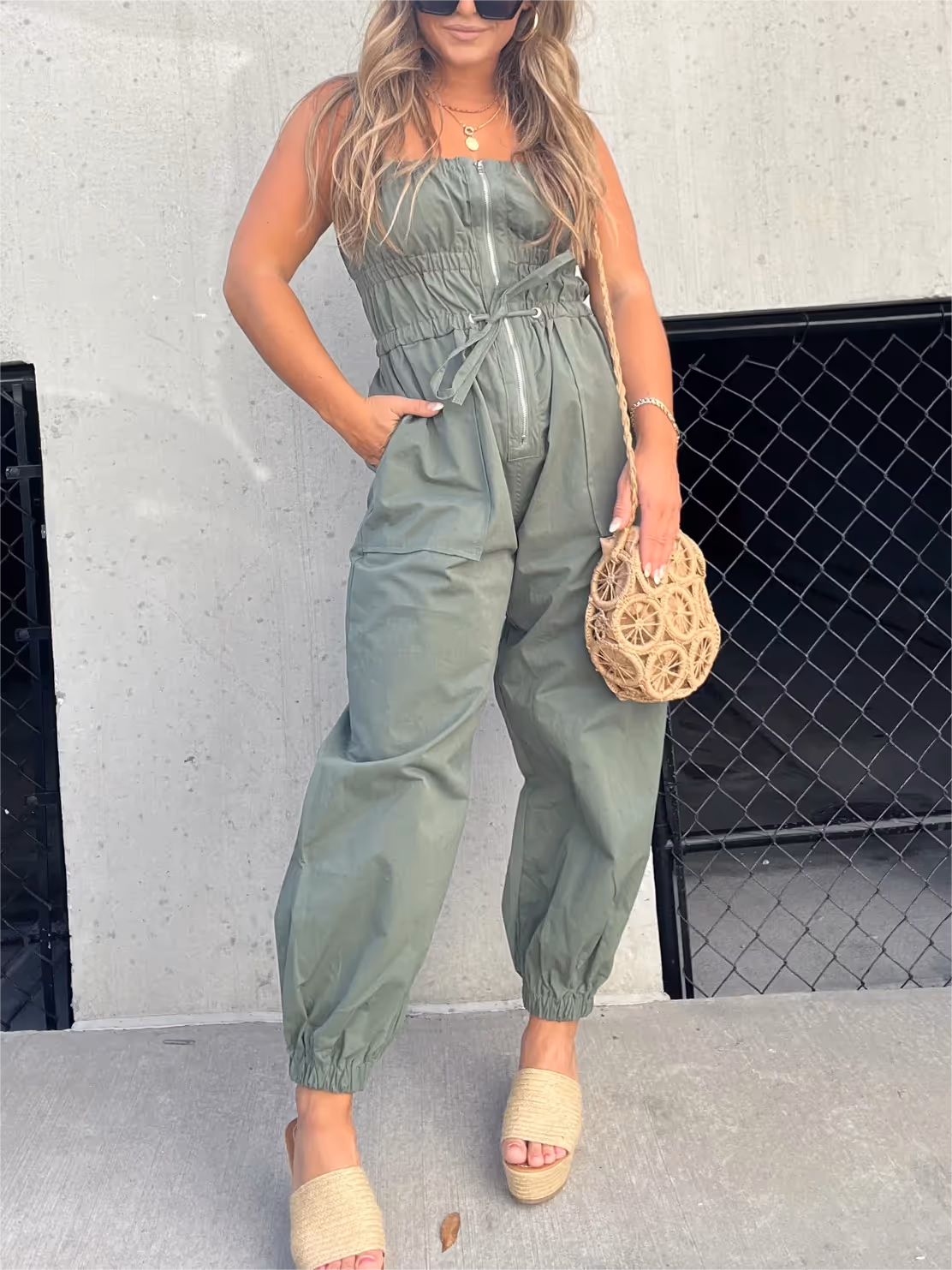 Ruched Front Zipper Jumpsuit